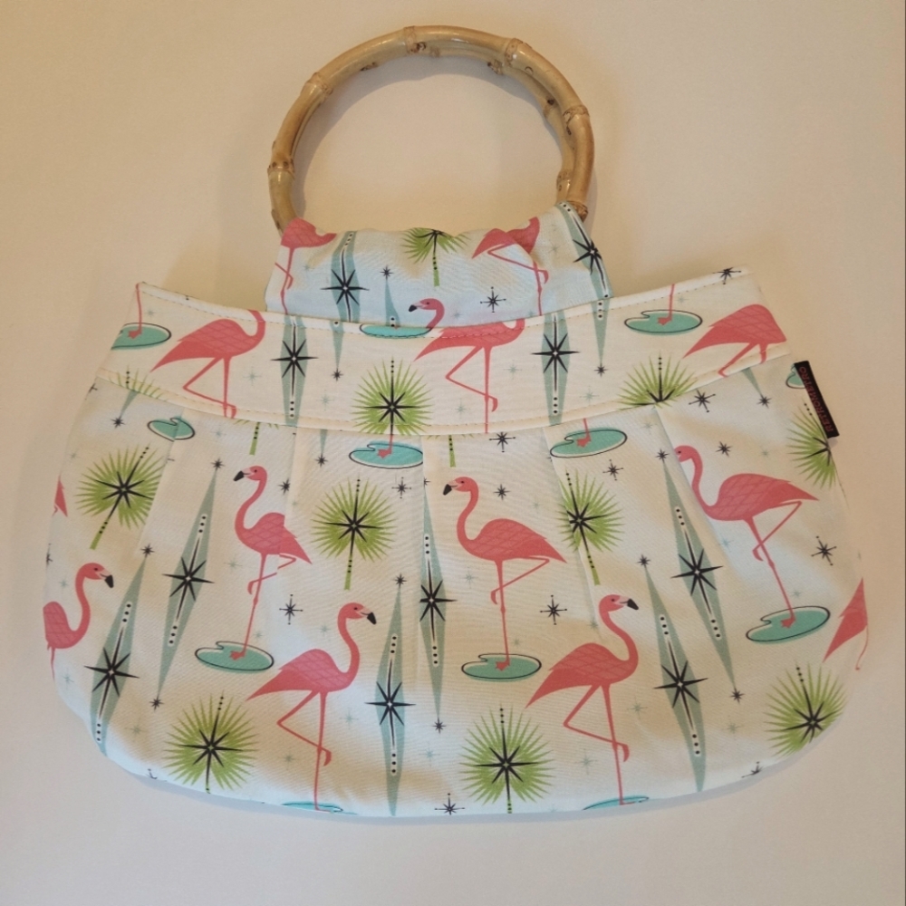 Flamingo Sparkle Print  Handbag with Bamboo Handle New